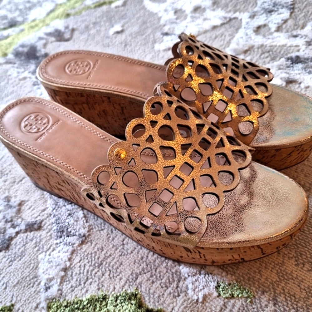 Tory Burch Metallic Gold Cutout Cork Wedge Sandals - Picture 1 of 7